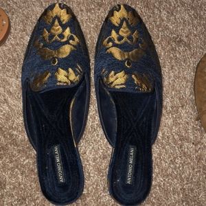 Velvet blue and gold loafers